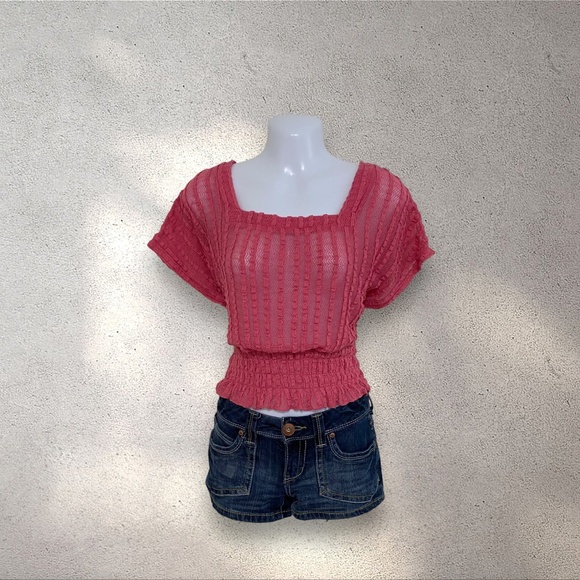 Candie's Tops - Candie’s Pink Square Neck Smocked Babydoll Knit Top